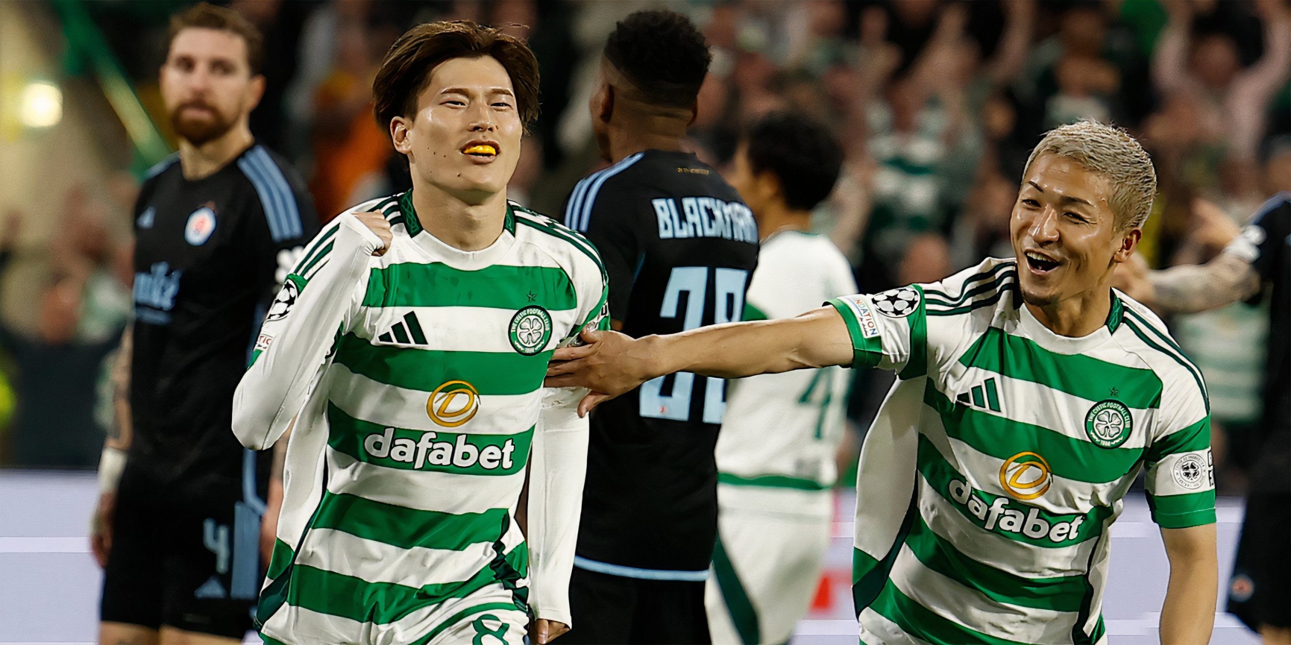 Kyogo Furuhashi celebrating after scoring for Celtic