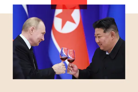 VLADIMIR SMIRNOV/POOL/AFP via Getty Images Russian President Vladimir Putin and North Korean leader Kim Jong Un toast during a reception at the Mongnangwan Reception House in Pyongyang