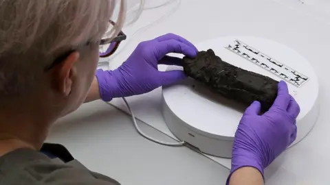 Bodleian library A scroll from ancient city of Herculaneum sitting on a white circular tray at the Bodleian library. It is about about 15cm long and about 3cm wide. It is dark brown and appears very charred, resembling a lump of charcoal. A woman with purple gloves is handling it.